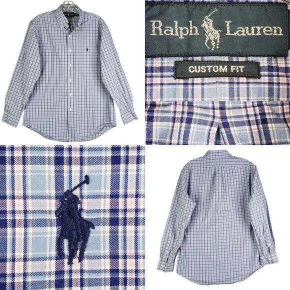 Polo Ralph Lauren Oxford Shirt Mens Size 15.5 Medium M Button Down Plaid Blue - Picture 1 of 12
